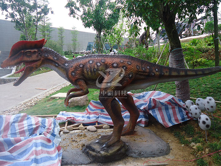 水泥雙冠龍雕塑，水泥恐龍雕塑